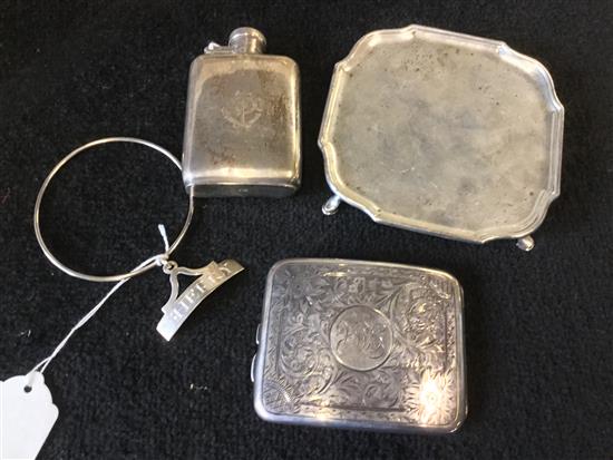 Small silver hip flask, engraved initials, engraved silver cigarette case, small silver waiter & a sherry label